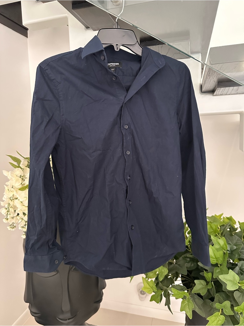 Express Men's Dark Navy Long-Sleeve Button-Up Shirt